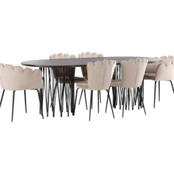 Ruokailuryhmä Venture Home, 220x100cm ruskea Stone Oval -pöytä + 2 beigeä Limhamn- ja 4 beigeä Limnhamn Light -tuolia, sametti