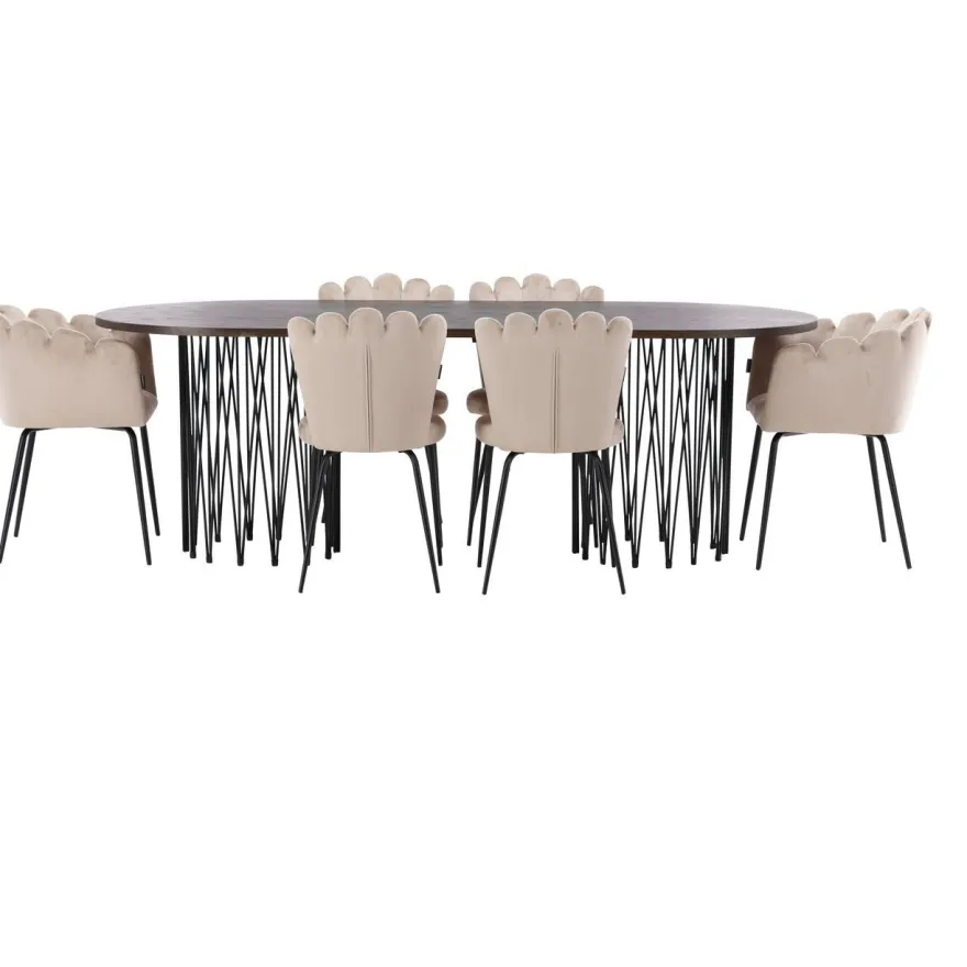 Ruokailuryhmä Venture Home, 220x100cm ruskea Stone Oval -pöytä + 2 beigeä Limhamn- ja 4 beigeä Limnhamn Light -tuolia, sametti