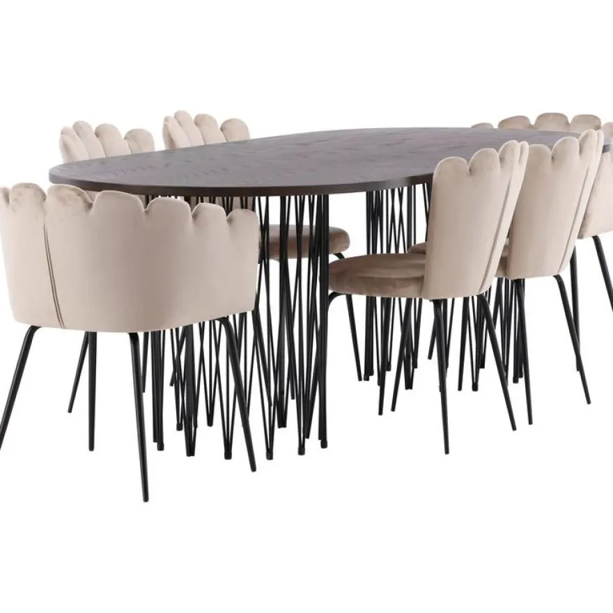 Ruokailuryhmä Venture Home, 220x100cm ruskea Stone Oval -pöytä + 2 beigeä Limhamn- ja 4 beigeä Limnhamn Light -tuolia, sametti