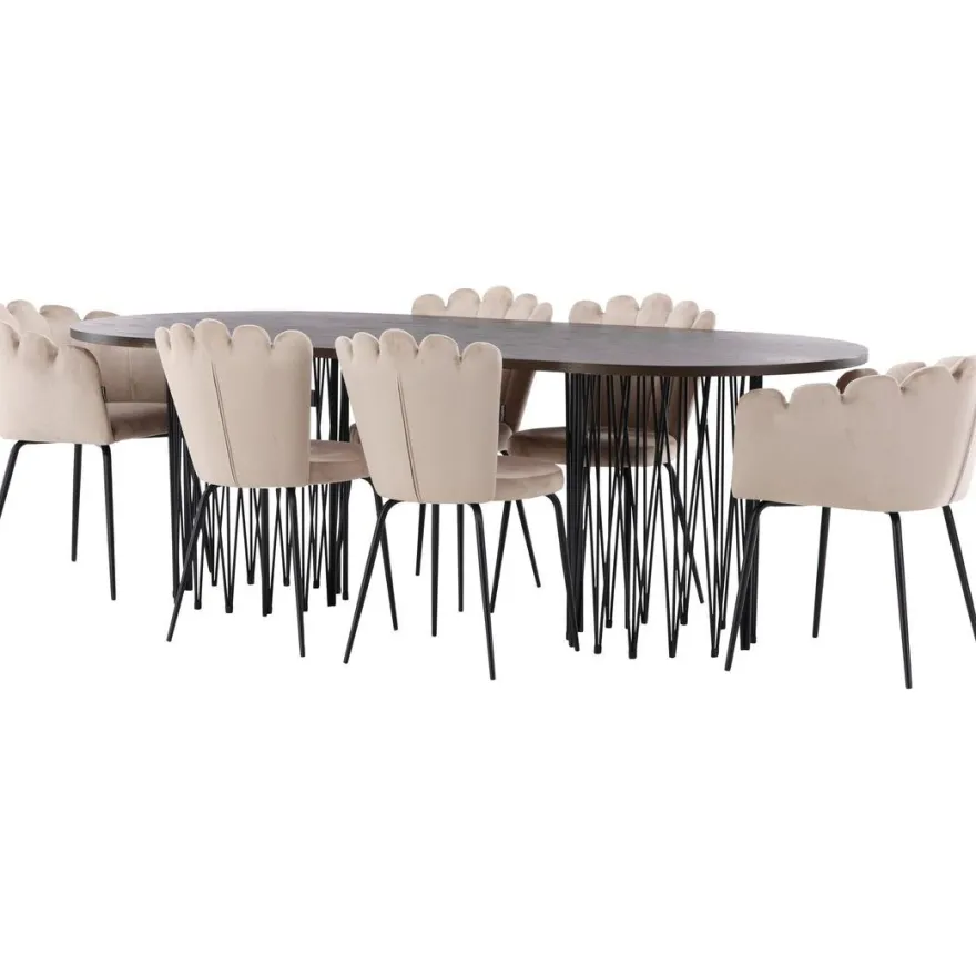 Ruokailuryhmä Venture Home, 220x100cm ruskea Stone Oval -pöytä + 2 beigeä Limhamn- ja 4 beigeä Limnhamn Light -tuolia, sametti