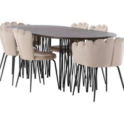 Ruokailuryhmä Venture Home, 220x100cm ruskea Stone Oval -pöytä + 2 beigeä Limhamn- ja 4 beigeä Limnhamn Light -tuolia, sametti