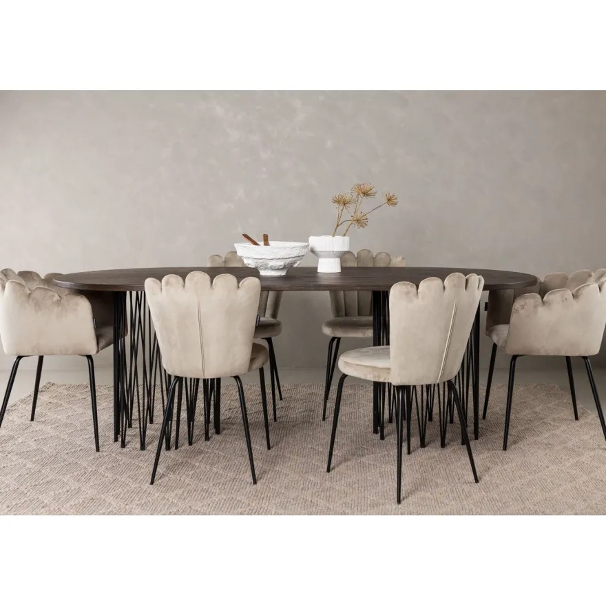 Ruokailuryhmä Venture Home, 220x100cm ruskea Stone Oval -pöytä + 2 beigeä Limhamn- ja 4 beigeä Limnhamn Light -tuolia, sametti