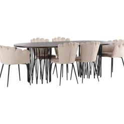 Ruokailuryhmä Venture Home, 220x100cm ruskea Stone Oval -pöytä + 2 beigeä Limhamn- ja 4 beigeä Limnhamn Light -tuolia, sametti