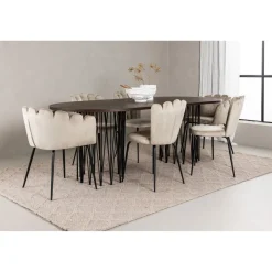Ruokailuryhmä Venture Home, 220x100cm ruskea Stone Oval -pöytä + 2 beigeä Limhamn- ja 4 beigeä Limnhamn Light -tuolia, sametti