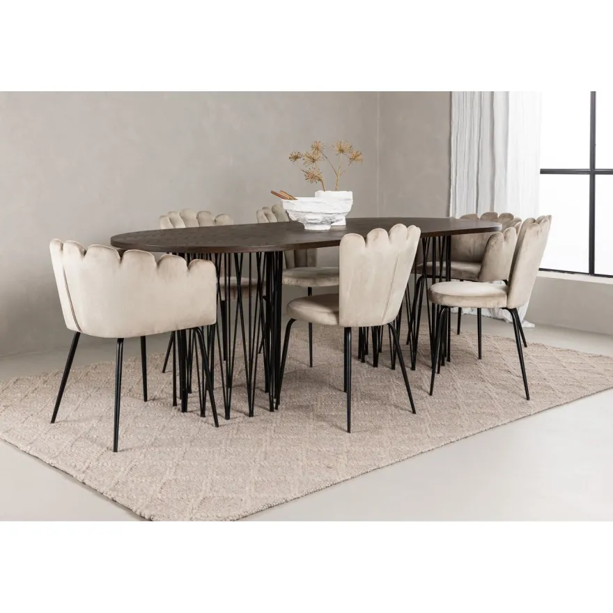 Ruokailuryhmä Venture Home, 220x100cm ruskea Stone Oval -pöytä + 2 beigeä Limhamn- ja 4 beigeä Limnhamn Light -tuolia, sametti