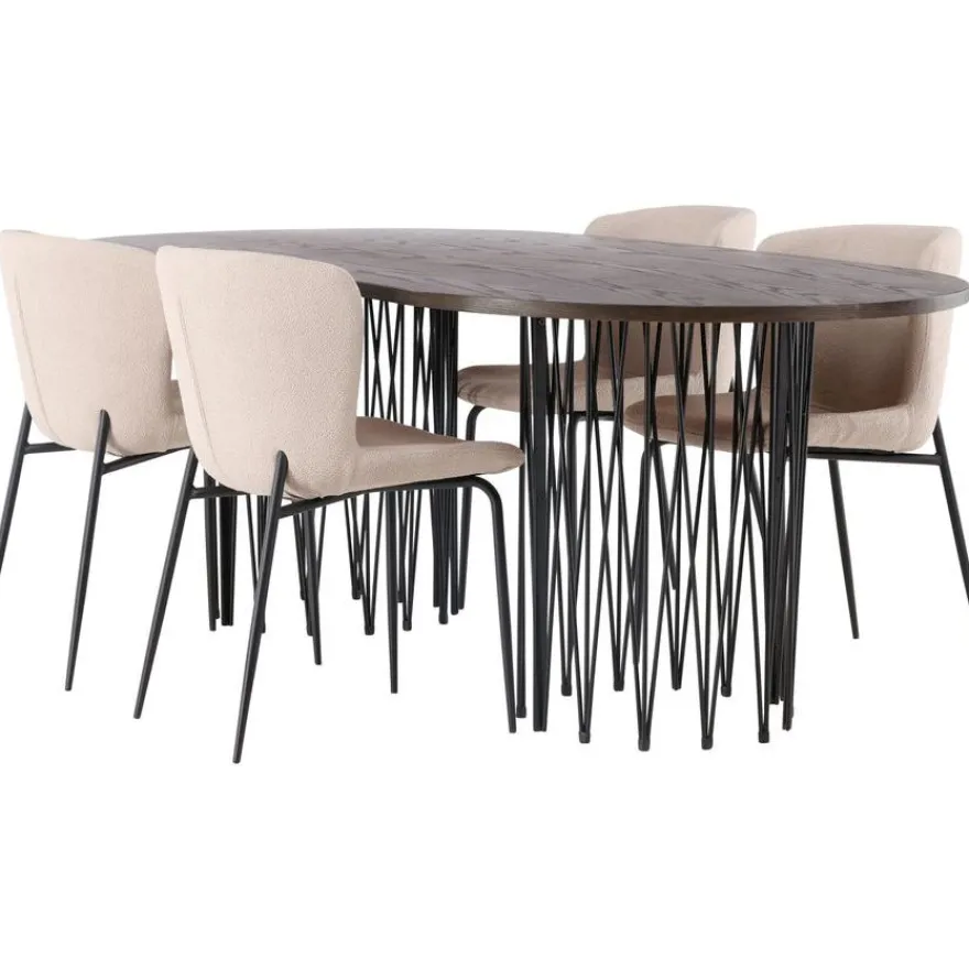Ruokailuryhmä Venture Home, 220x100cm ruskea Stone Oval -pöytä + 4 beigeä Modesto-tuolia, bouclé