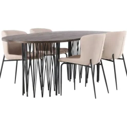 Ruokailuryhmä Venture Home, 220x100cm ruskea Stone Oval -pöytä + 4 beigeä Modesto-tuolia, bouclé