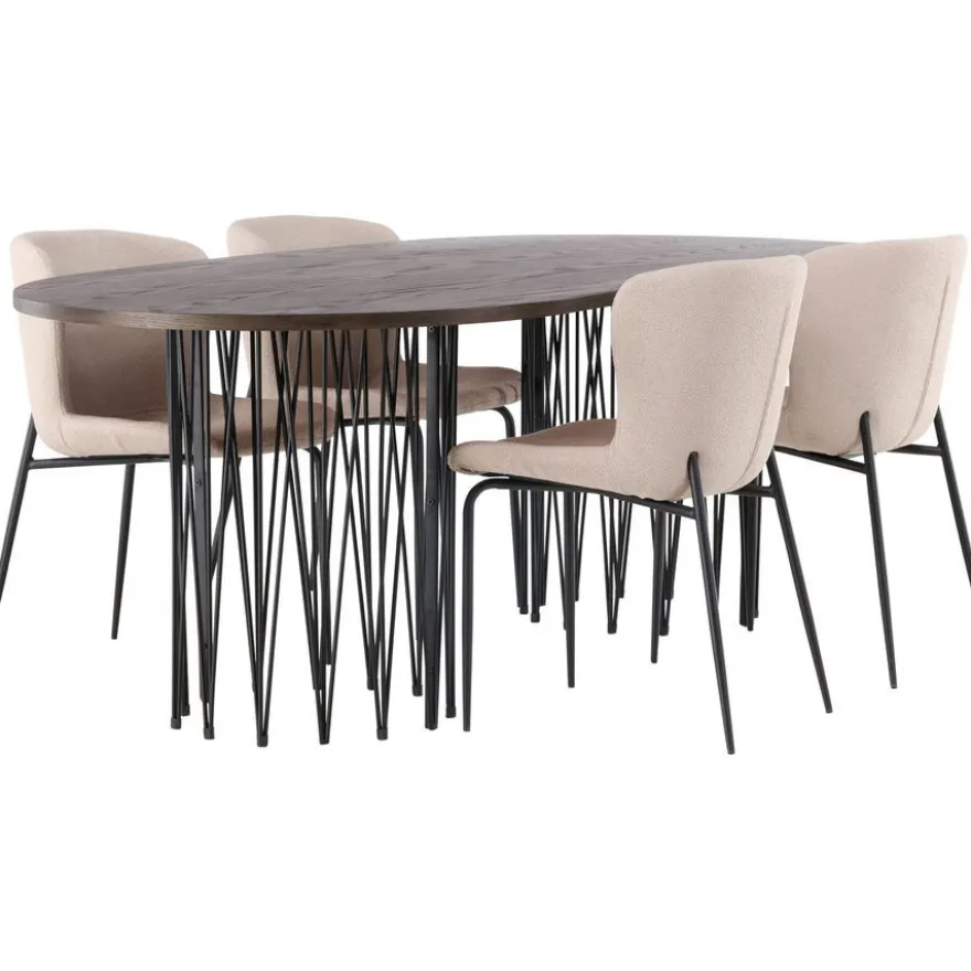 Ruokailuryhmä Venture Home, 220x100cm ruskea Stone Oval -pöytä + 4 beigeä Modesto-tuolia, bouclé