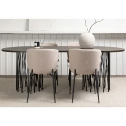 Ruokailuryhmä Venture Home, 220x100cm ruskea Stone Oval -pöytä + 4 beigeä Modesto-tuolia, bouclé