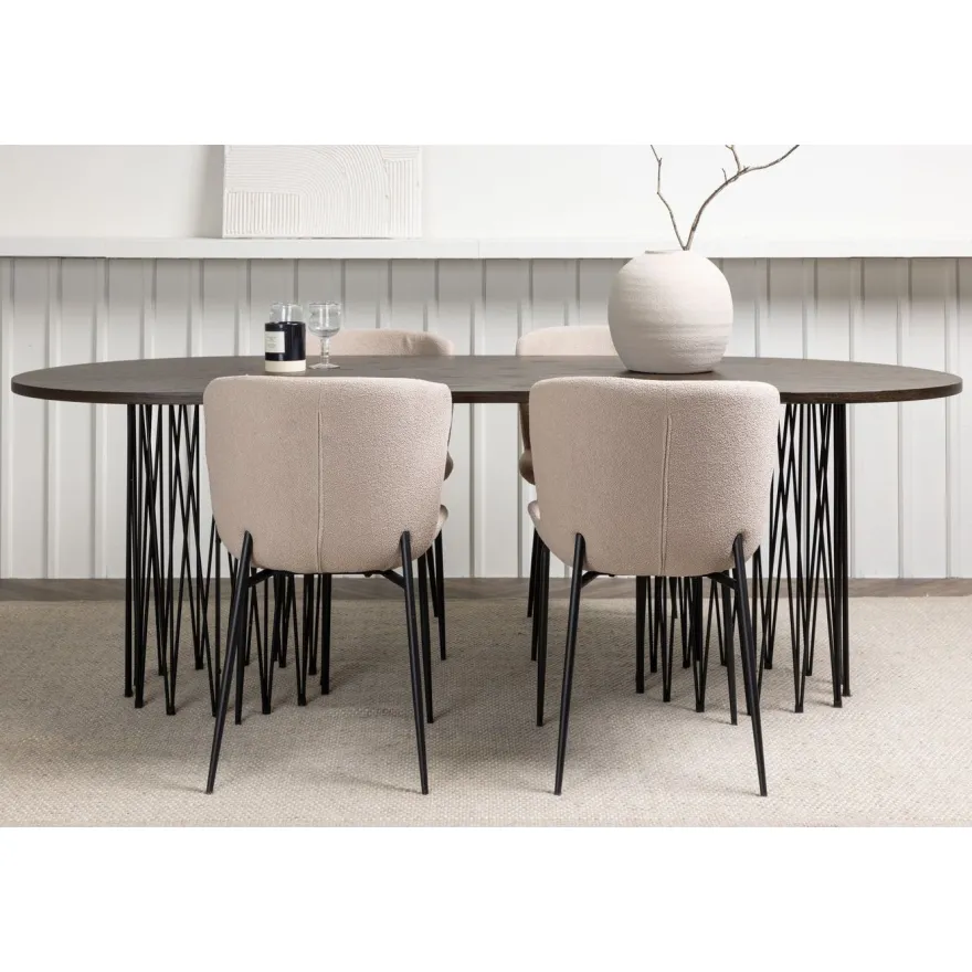 Ruokailuryhmä Venture Home, 220x100cm ruskea Stone Oval -pöytä + 4 beigeä Modesto-tuolia, bouclé