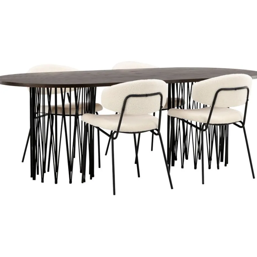 Ruokailuryhmä Venture Home, 220x100cm ruskea Stone Oval -pöytä + 4 valkoista Chico-tuolia, bouclé