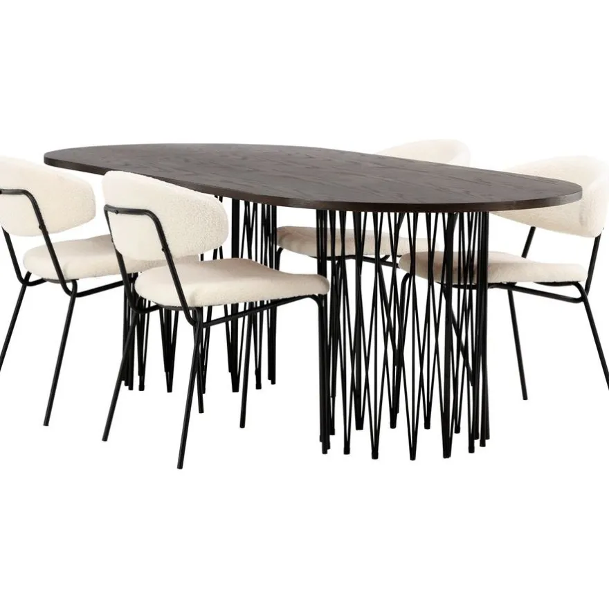 Ruokailuryhmä Venture Home, 220x100cm ruskea Stone Oval -pöytä + 4 valkoista Chico-tuolia, bouclé