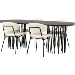Ruokailuryhmä Venture Home, 220x100cm ruskea Stone Oval -pöytä + 4 valkoista Chico-tuolia, bouclé