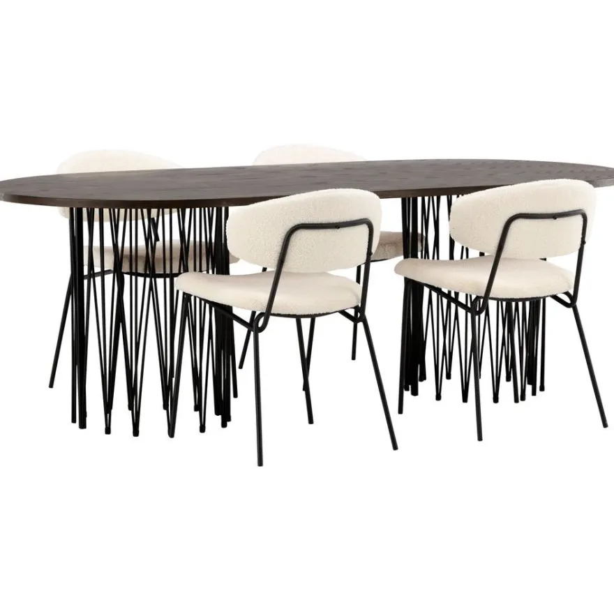 Ruokailuryhmä Venture Home, 220x100cm ruskea Stone Oval -pöytä + 4 valkoista Chico-tuolia, bouclé