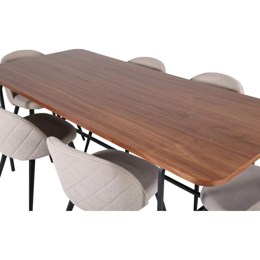 Ruokailuryhmä Venture Home, 200x90cm ruskea Uno-pöytä + 6 beigeä Velvet-tuolia