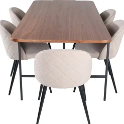 Ruokailuryhmä Venture Home, 200x90cm ruskea Uno-pöytä + 6 beigeä Velvet-tuolia