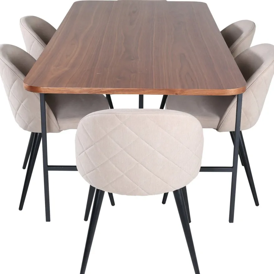 Ruokailuryhmä Venture Home, 200x90cm ruskea Uno-pöytä + 6 beigeä Velvet-tuolia