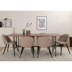 Ruokailuryhmä Venture Home, 200x90cm ruskea Uno-pöytä + 6 beigeä Velvet-tuolia