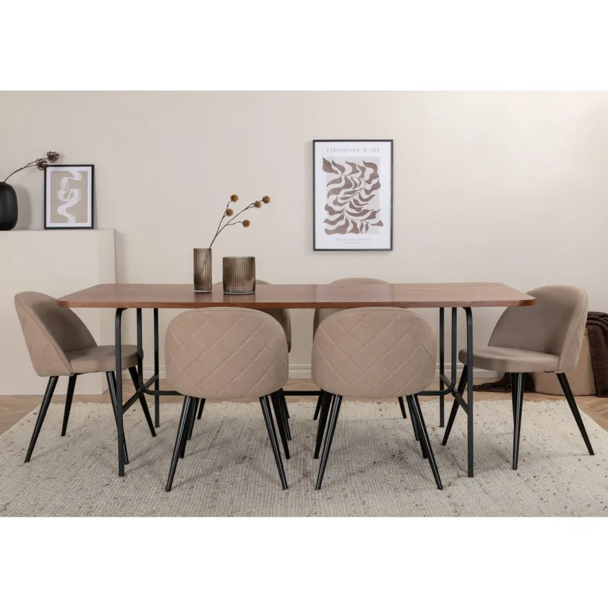 Ruokailuryhmä Venture Home, 200x90cm ruskea Uno-pöytä + 6 beigeä Velvet-tuolia