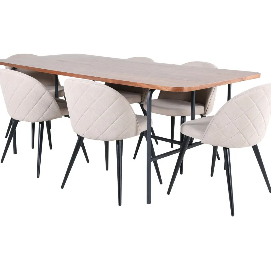 Ruokailuryhmä Venture Home, 200x90cm ruskea Uno-pöytä + 6 beigeä Velvet-tuolia