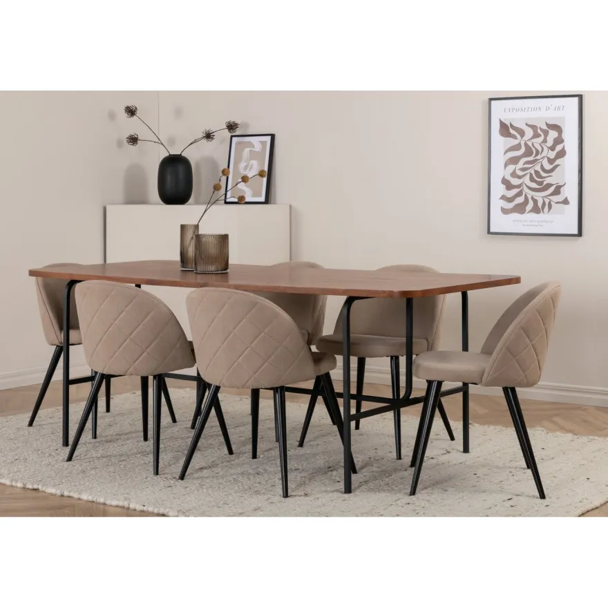 Ruokailuryhmä Venture Home, 200x90cm ruskea Uno-pöytä + 6 beigeä Velvet-tuolia