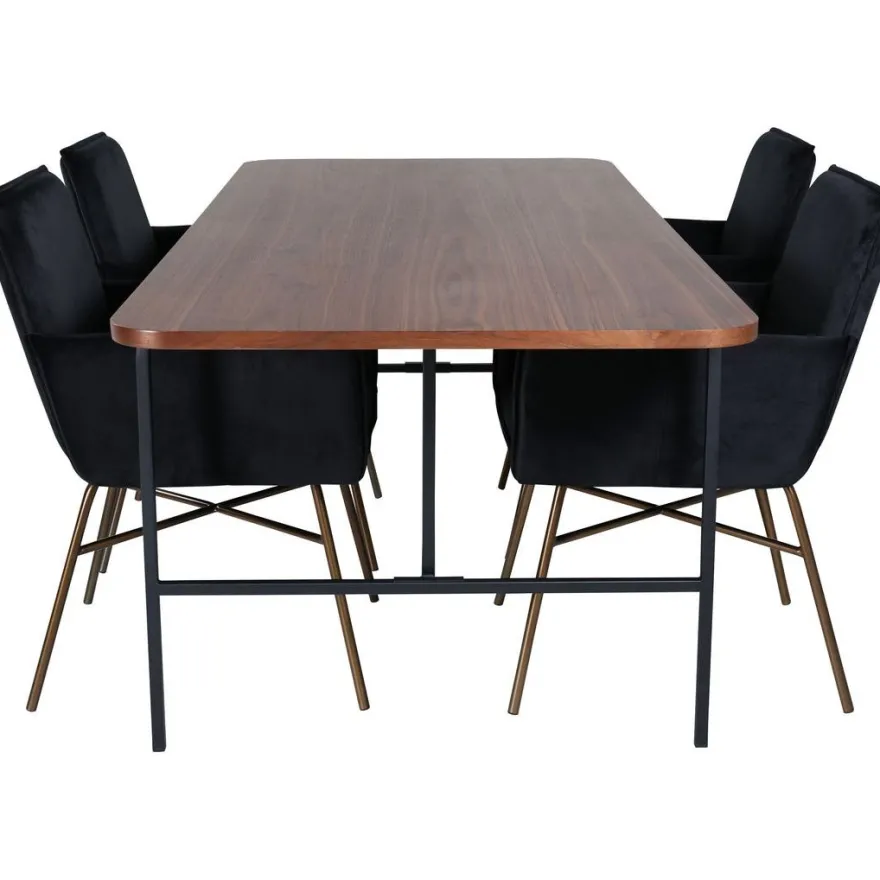 Ruokailuryhmä Venture Home, 200x90cm ruskea Uno-pöytä + 4 mustaa Petra-tuolia, sametti