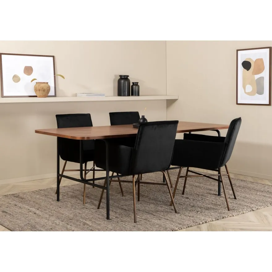 Ruokailuryhmä Venture Home, 200x90cm ruskea Uno-pöytä + 4 mustaa Petra-tuolia, sametti