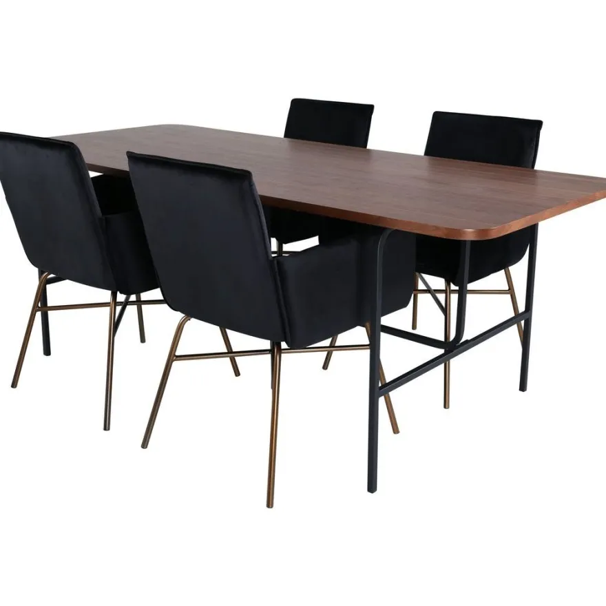 Ruokailuryhmä Venture Home, 200x90cm ruskea Uno-pöytä + 4 mustaa Petra-tuolia, sametti