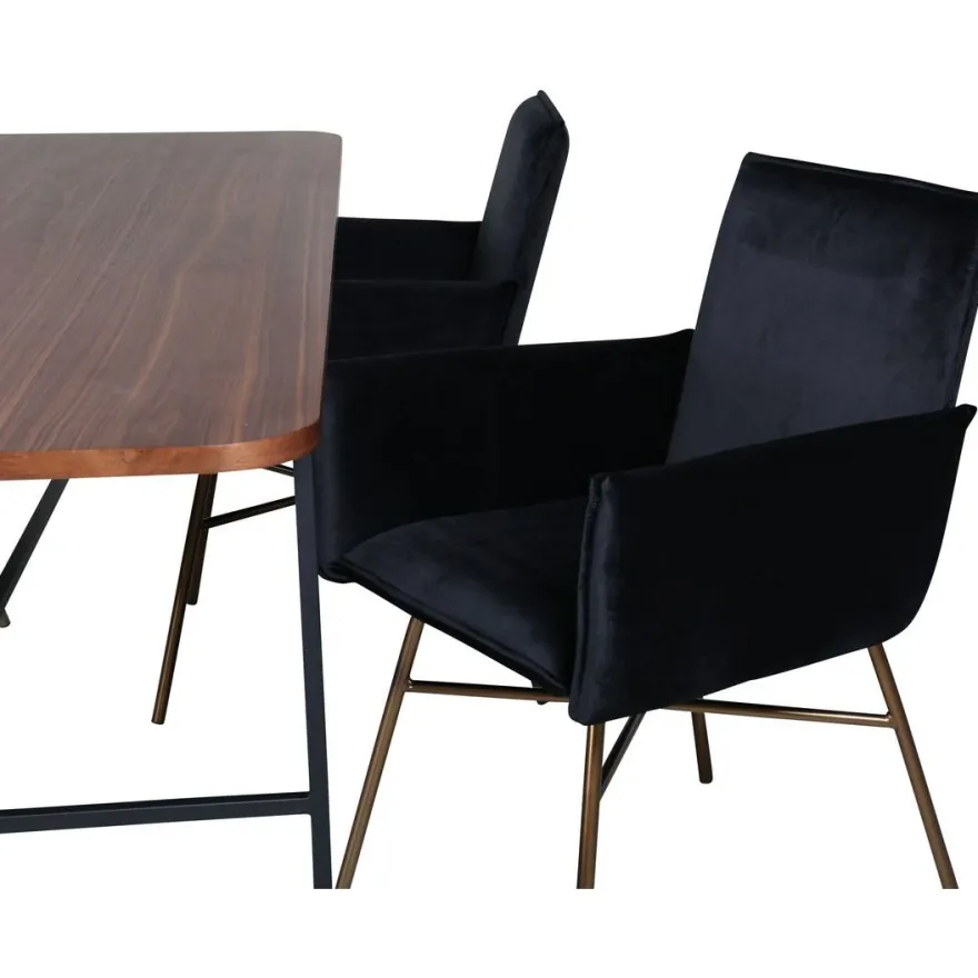 Ruokailuryhmä Venture Home, 200x90cm ruskea Uno-pöytä + 4 mustaa Petra-tuolia, sametti