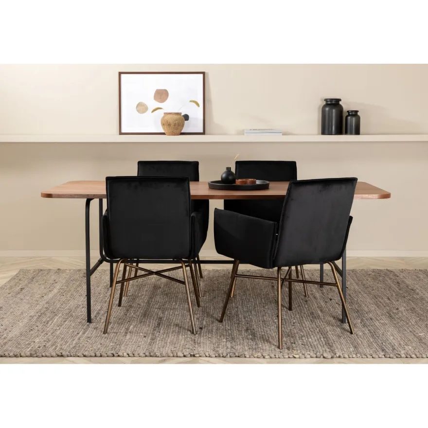 Ruokailuryhmä Venture Home, 200x90cm ruskea Uno-pöytä + 4 mustaa Petra-tuolia, sametti