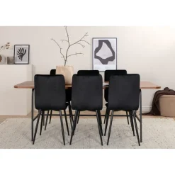 Ruokailuryhmä Venture Home, 200x90cm ruskea Uno-pöytä + 6 mustaa Windu-tuolia, sametti