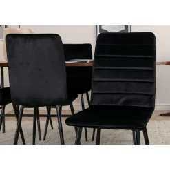 Ruokailuryhmä Venture Home, 200x90cm ruskea Uno-pöytä + 6 mustaa Windu-tuolia, sametti