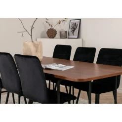 Ruokailuryhmä Venture Home, 200x90cm ruskea Uno-pöytä + 6 mustaa Windu-tuolia, sametti