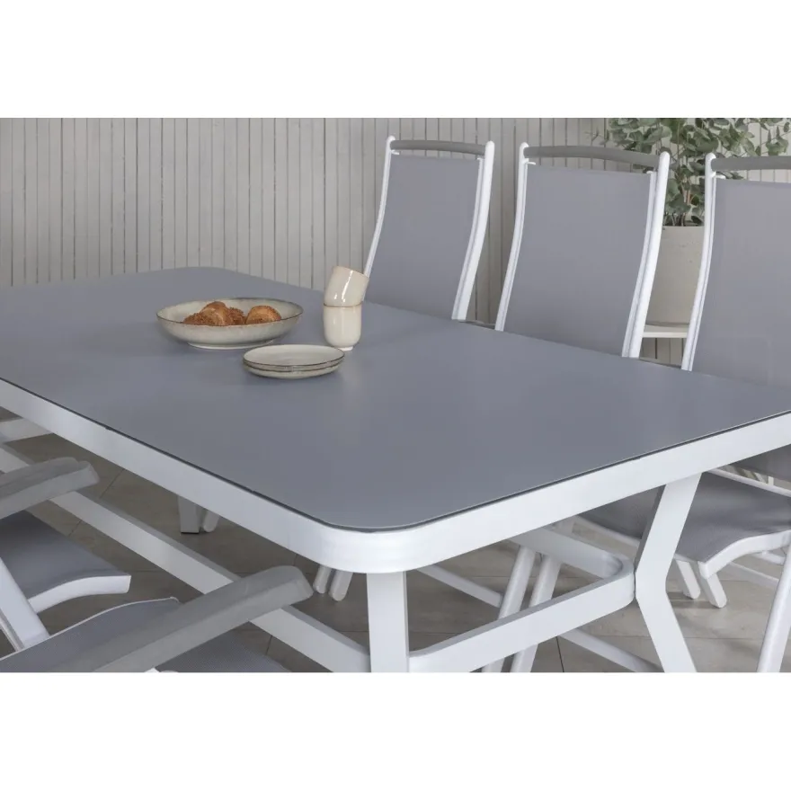 Ruokailuryhmä Venture Home, 200x100cm valkoinen/harmaa Virya-pöytä + 6 harmaa/valkoista Albany-säätötuolia
