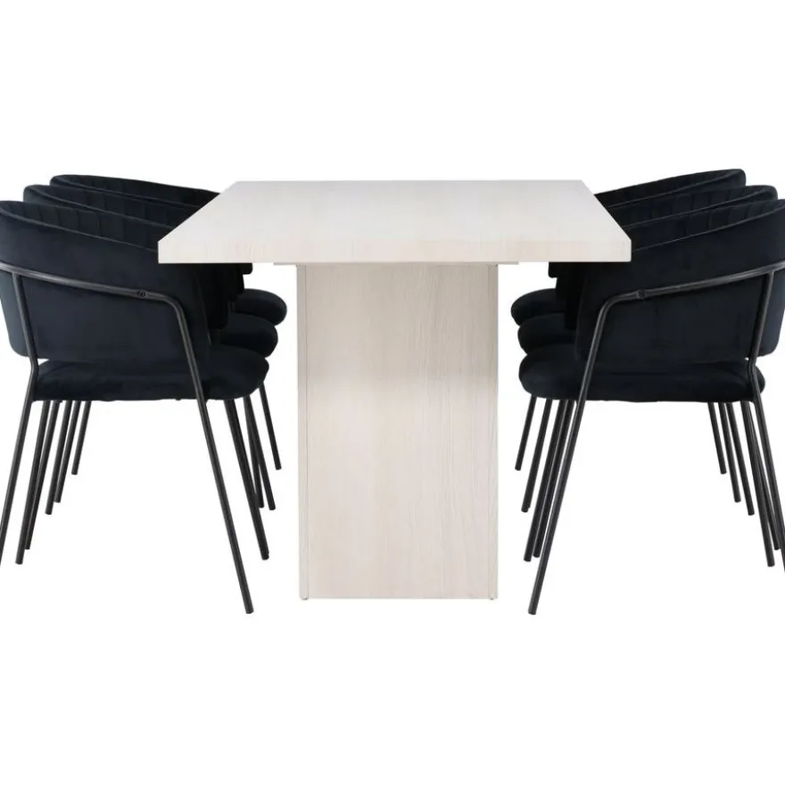 Ruokailuryhmä Venture Home, 200x90cm valkoinen Olga-pöytä + 6 mustaa Selma-tuolia, sametti