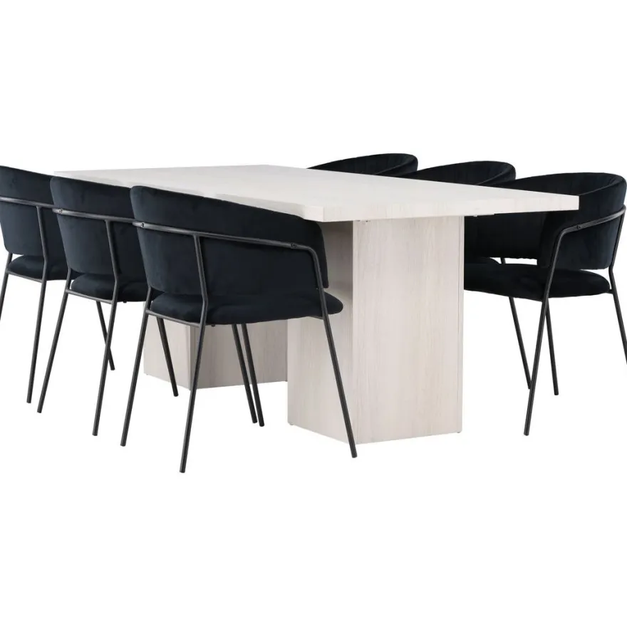 Ruokailuryhmä Venture Home, 200x90cm valkoinen Olga-pöytä + 6 mustaa Selma-tuolia, sametti