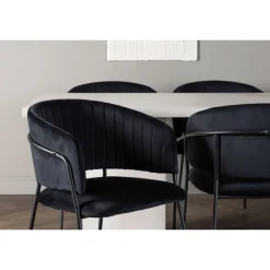 Ruokailuryhmä Venture Home, 200x90cm valkoinen Olga-pöytä + 6 mustaa Selma-tuolia, sametti