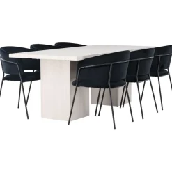 Ruokailuryhmä Venture Home, 200x90cm valkoinen Olga-pöytä + 6 mustaa Selma-tuolia, sametti