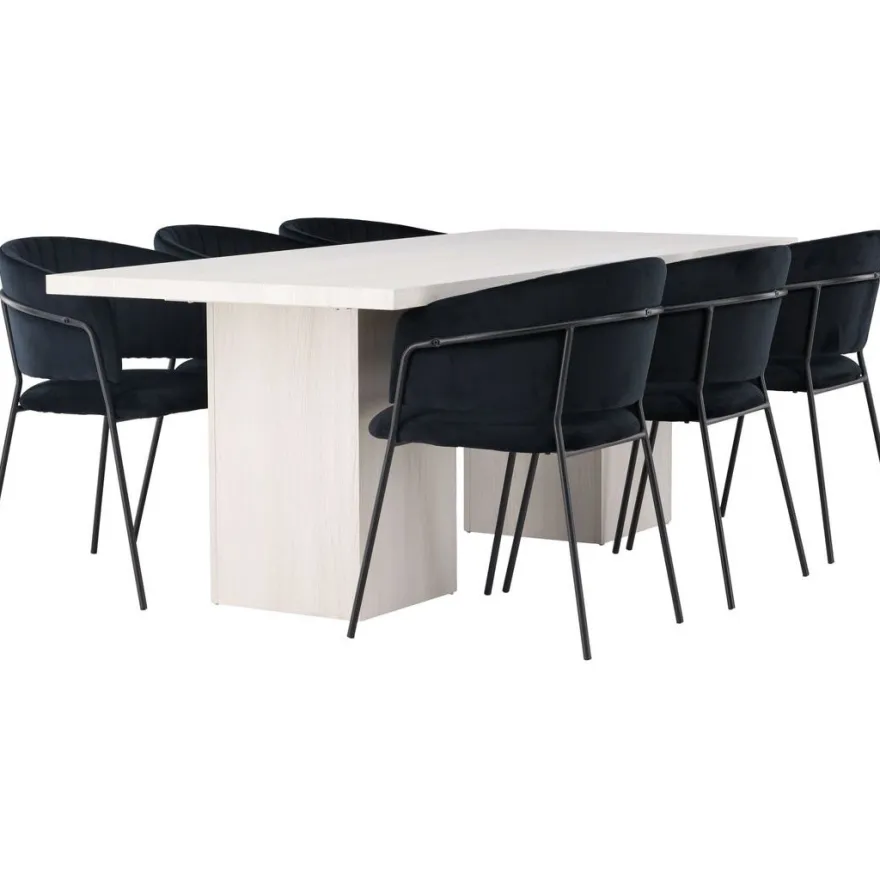 Ruokailuryhmä Venture Home, 200x90cm valkoinen Olga-pöytä + 6 mustaa Selma-tuolia, sametti