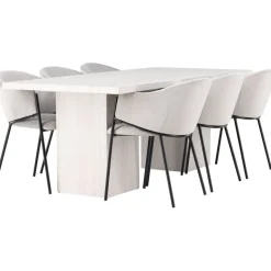Ruokailuryhmä Venture Home, 200x90cm valkoinen Olga-pöytä + 6 vaaleanharmaata Evelina-tuolia, sametti