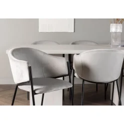 Ruokailuryhmä Venture Home, 200x90cm valkoinen Olga-pöytä + 6 vaaleanharmaata Evelina-tuolia, sametti