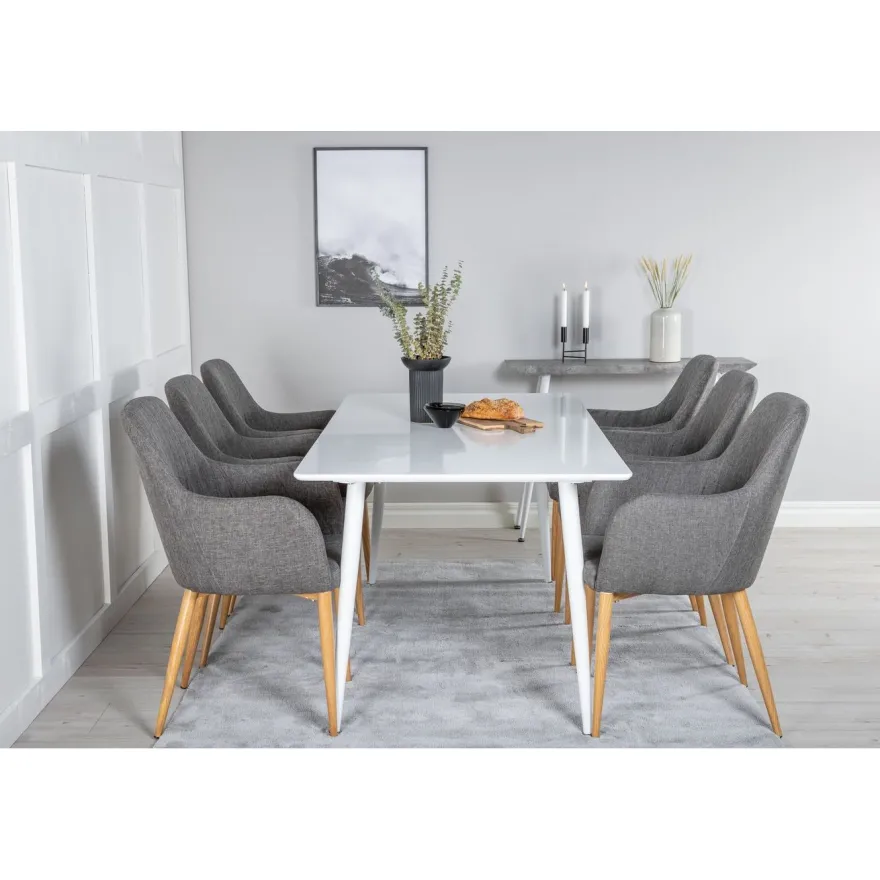Ruokailuryhmä Venture Home, 180x90cm valkoinen Polar-pöytä + 6 tummanharmaata Comfort-tuolia
