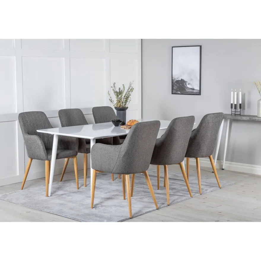 Ruokailuryhmä Venture Home, 180x90cm valkoinen Polar-pöytä + 6 tummanharmaata Comfort-tuolia