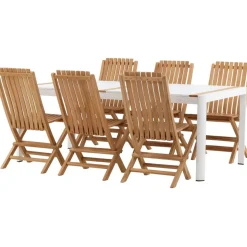 Ruokailuryhmä Venture Home, 200x100cm valkoinen/tiikki Togo-pöytä + 6 ruskeaa Ghana-taittotuolia