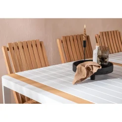 Ruokailuryhmä Venture Home, 200x100cm valkoinen/tiikki Togo-pöytä + 6 ruskeaa Ghana-taittotuolia