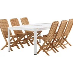 Ruokailuryhmä Venture Home, 200x100cm valkoinen/tiikki Togo-pöytä + 6 ruskeaa Ghana-taittotuolia