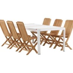 Ruokailuryhmä Venture Home, 200x100cm valkoinen/tiikki Togo-pöytä + 6 ruskeaa Ghana-taittotuolia