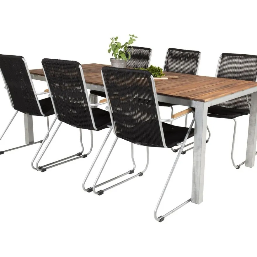 Ruokailuryhmä Venture Home, 200x100cm Zenia-pöytä + 6 Bois-tuolia