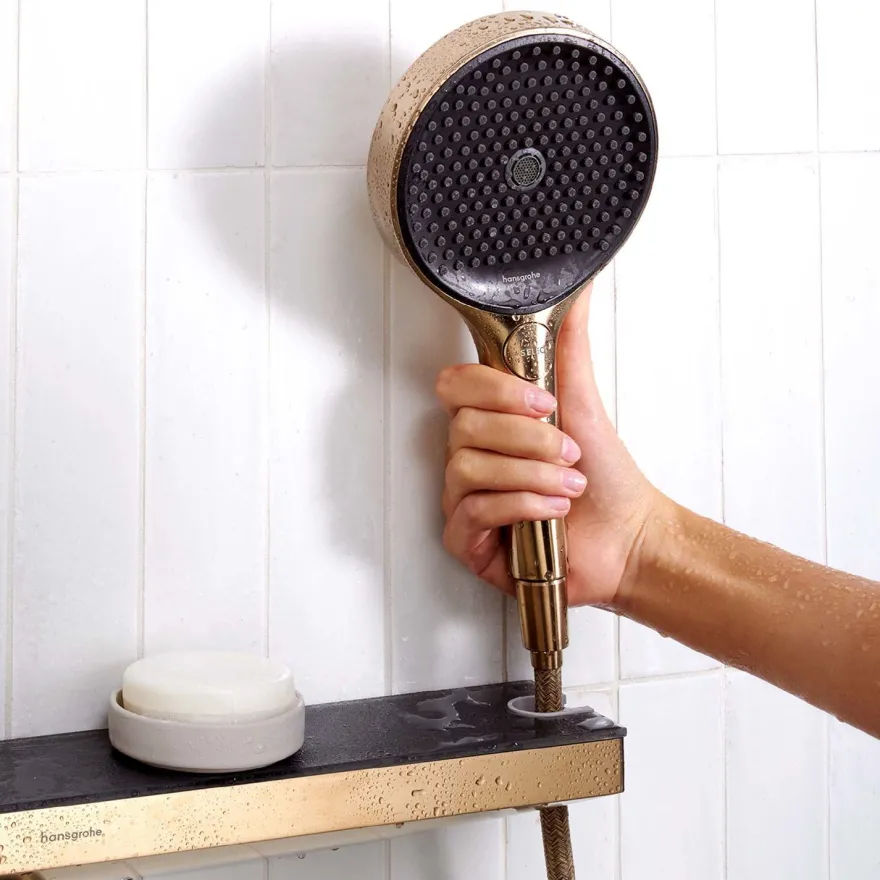 Seinäliitin Hansgrohe Rainfinity FixFit Porter 500, suihkupidike oikea, säilytyshylly, piiloasennus, harjattu pronssi