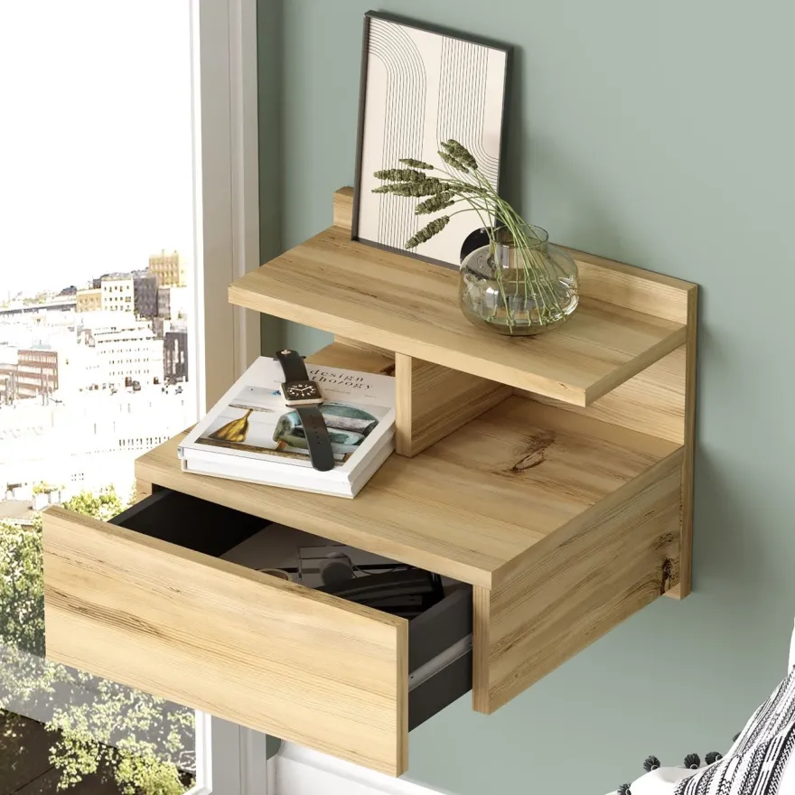 Seinään kiinnitettävä yöpöytä Linento Furniture LV28, puukuosi, ruskea